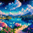 Scenic landscape with lake, mountains, house, roses, night sky