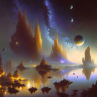 Sci-Fi Landscape: Towering Rocks, Reflective Water, Starry Sky