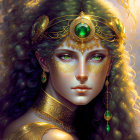 Fantasy portrait of a woman with curly hair and gold jewelry, featuring a green gem on her forehead