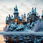 Snowy castle with spires by frozen lake and glowing windows, surrounded by snowy landscape under cloudy sky