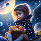 Young girl with fruit basket in starry cloak under celestial background