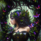 Mystical woman with butterflies and foliage, fantasy forest theme