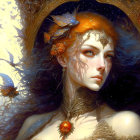 Fantasy portrait of woman with flowing hair, ornate jewelry, and birds against cosmic background