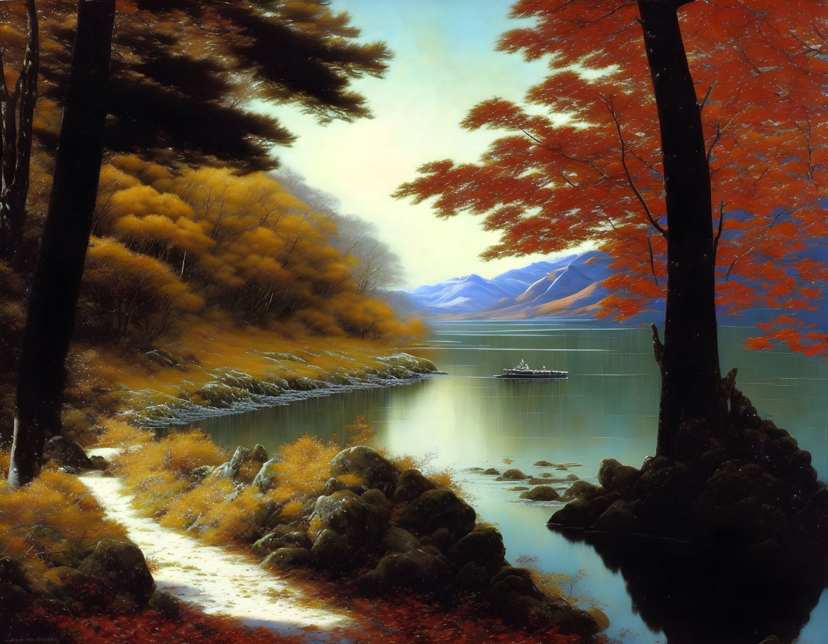 Scenic lake with boat, autumn trees, and mountains