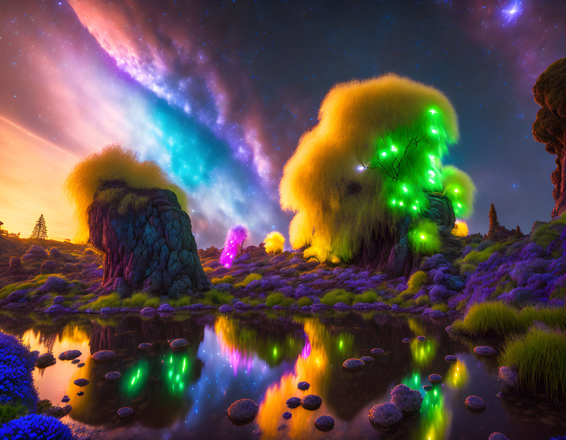 Colorful Fantasy Landscape with Glowing Trees and Reflective Water