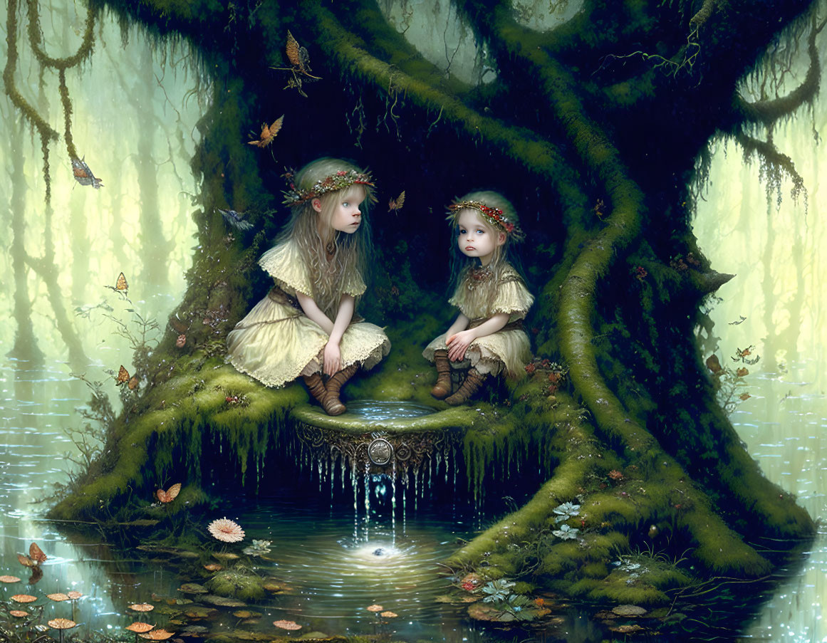 Children in whimsical outfits beside tree in magical forest with water and butterflies