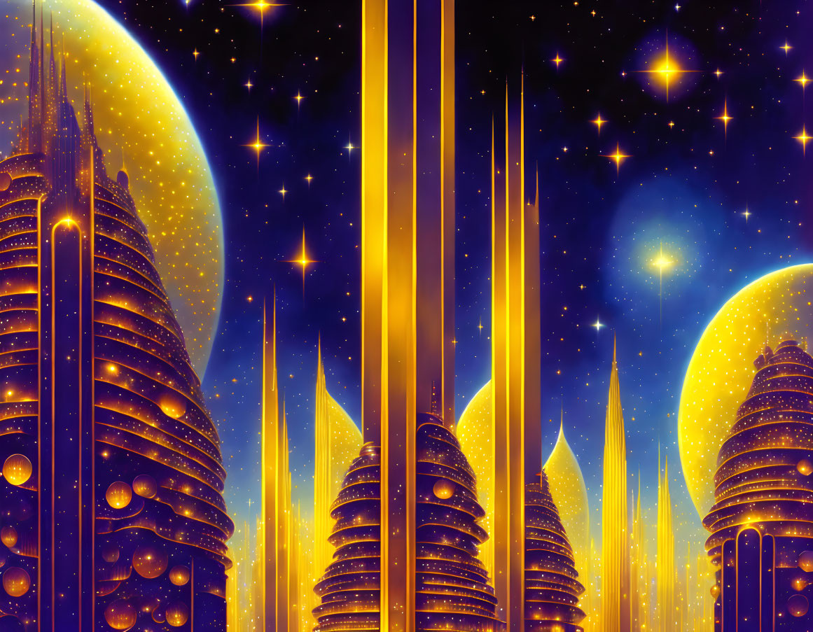 Golden skyscrapers in a futuristic cityscape at night