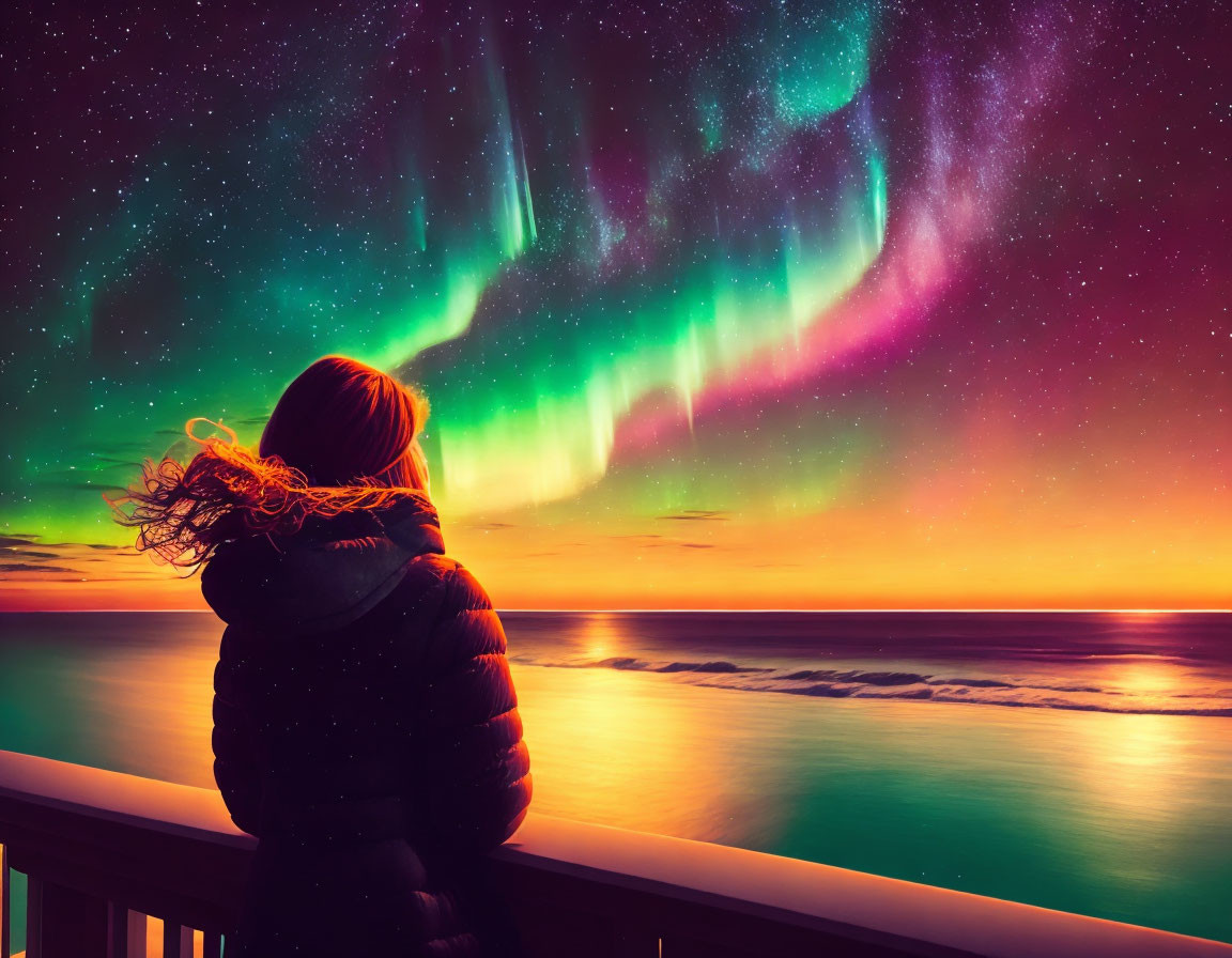 Person admires vibrant aurora borealis over calm sea from balcony