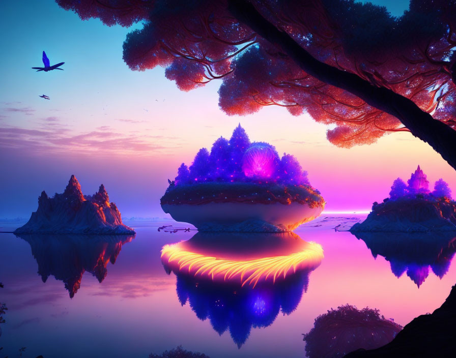 Surreal twilight landscape with neon-hued foliage, floating islands, luminescent ring, and