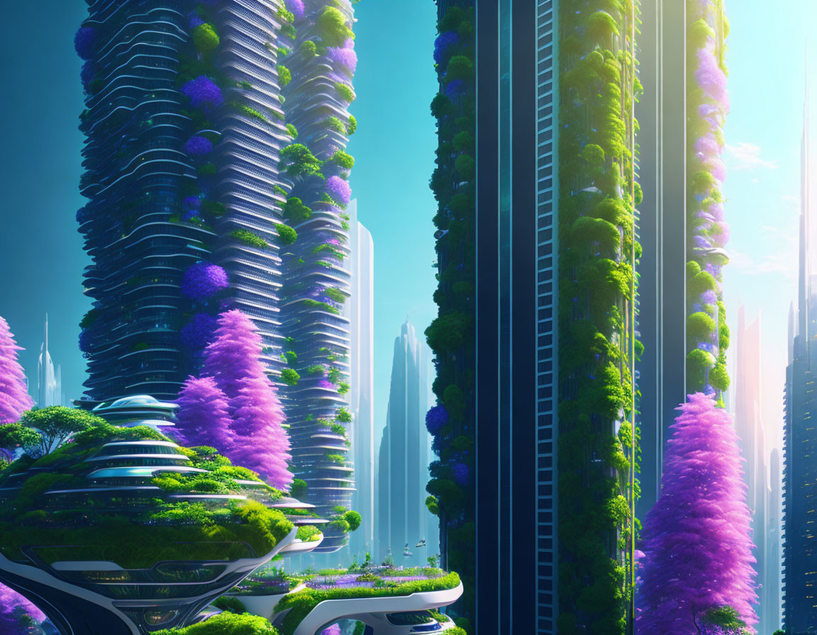 Futuristic cityscape with lush vertical gardens and vibrant purple foliage under a bright blue sky