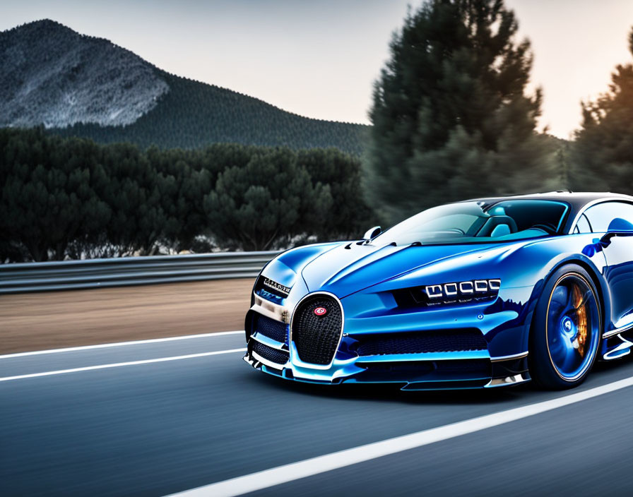 Blue Sports Car with Black Stripes Speeding on Road with Motion Blur