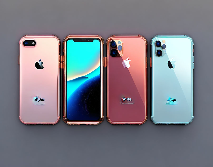 Four iPhones: Rose Gold & Sky Blue on Gray Background