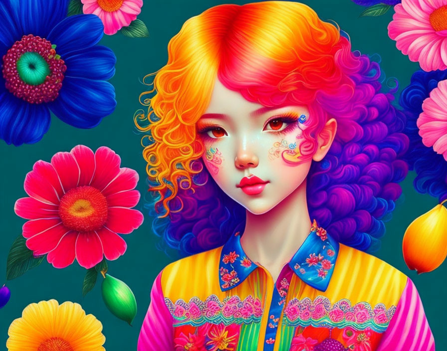 Colorful digital artwork: Young woman with curly hair surrounded by bright flowers and wearing a patterned blouse