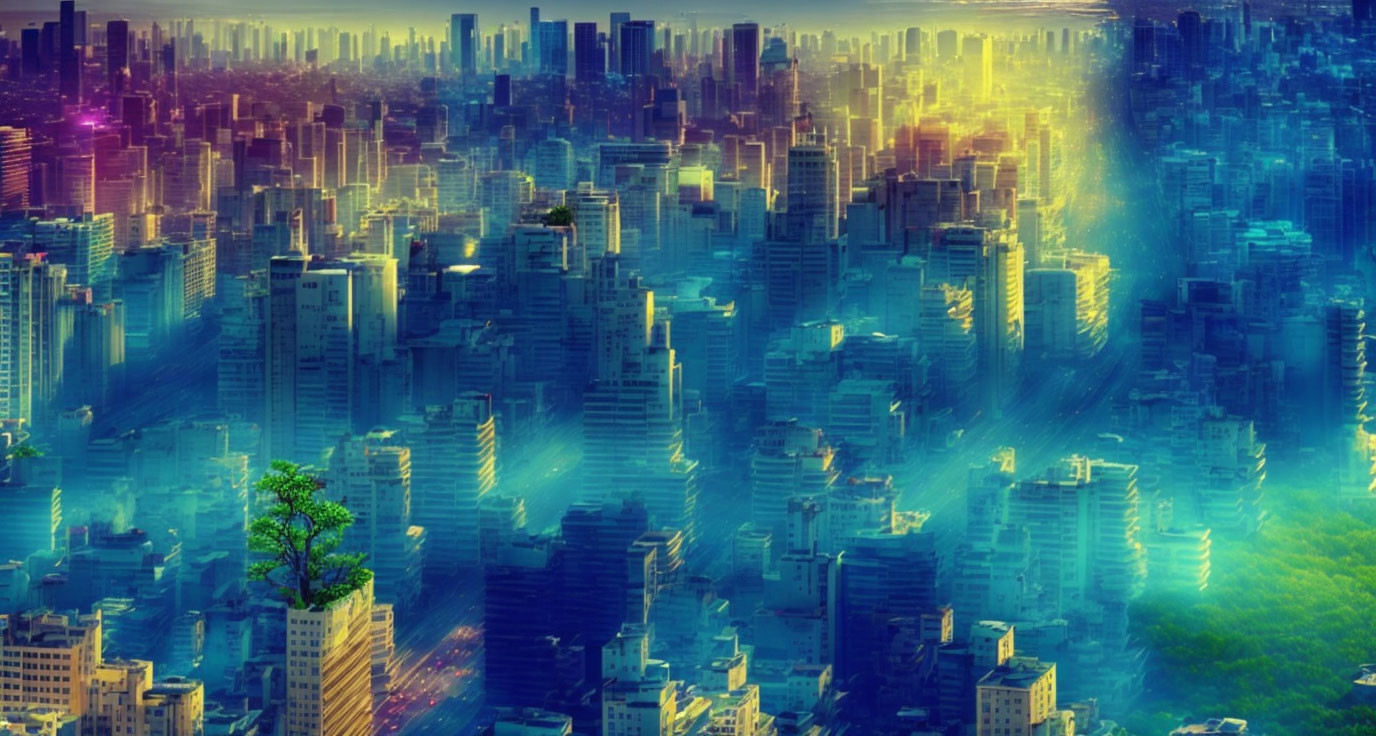 Futuristic cityscape with neon-lit skyscrapers and lone green tree