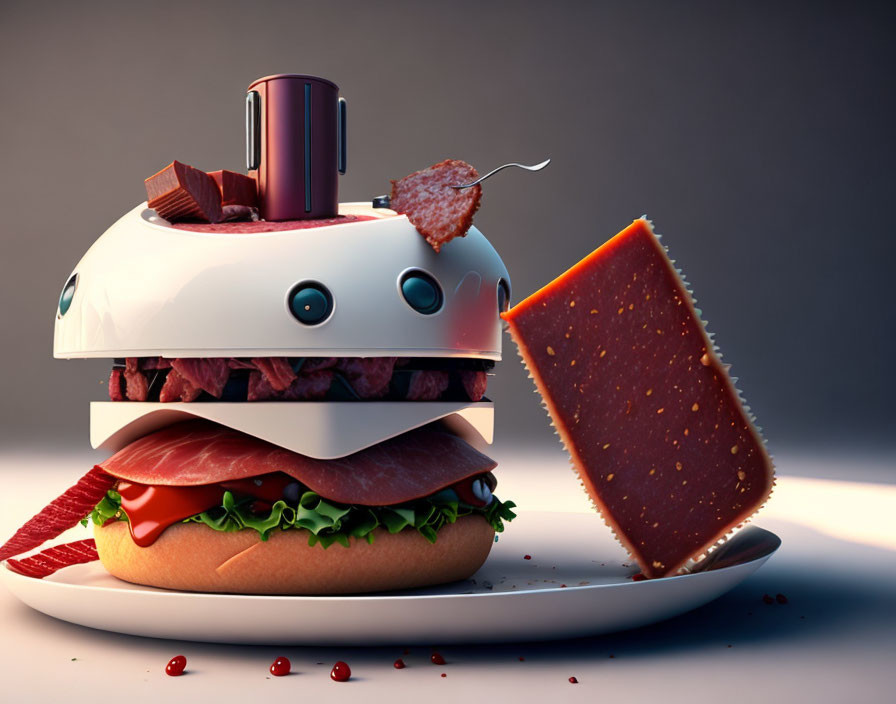 Whimsical sandwich maker robot with salami, lettuce, tomato, and bread burger design