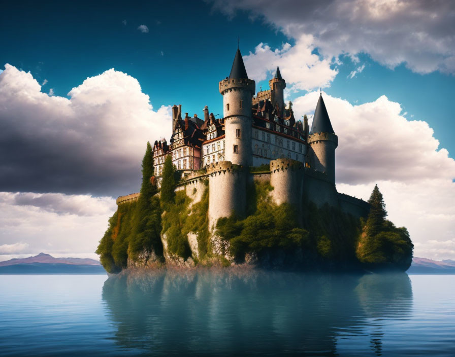 Majestic castle on island with spires, tranquil waters, dramatic sky