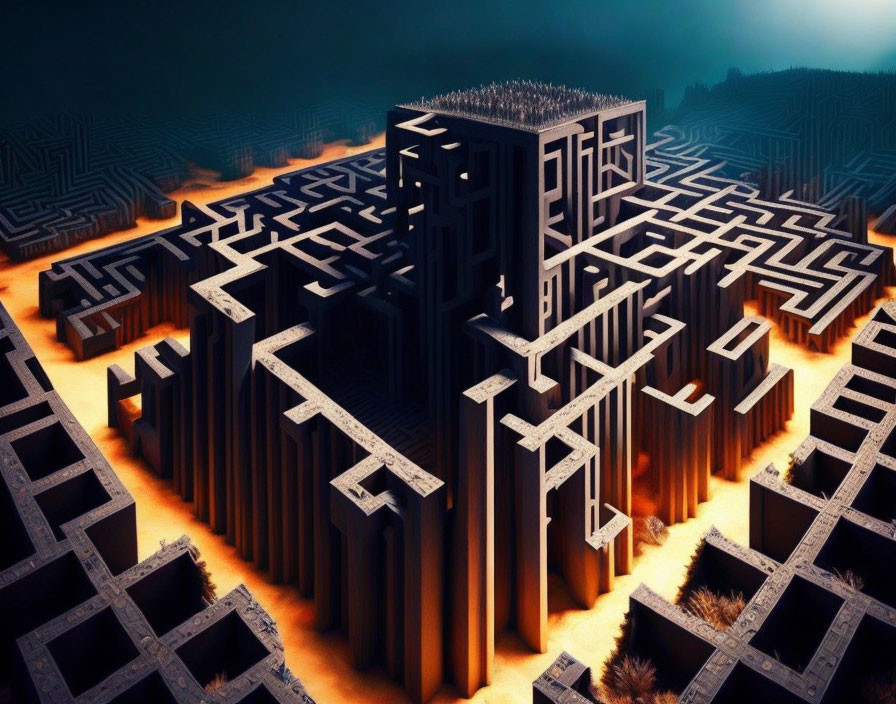 Intricate 3D maze with towering walls in orange-tinged dusky environment