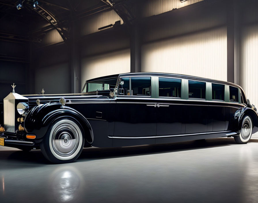 Luxury black limousine with chrome detailing in warehouse