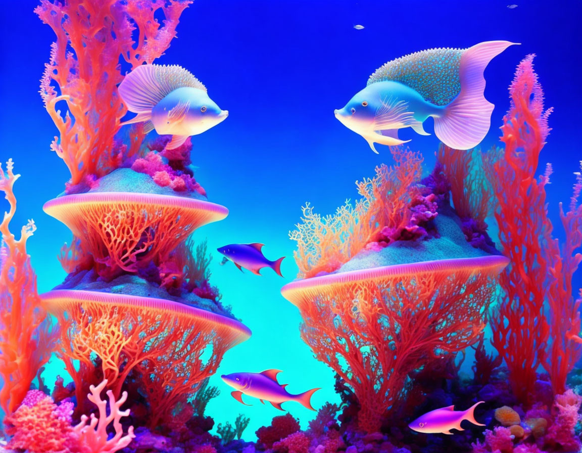 Colorful coral reefs and tropical fish in deep blue underwater scene