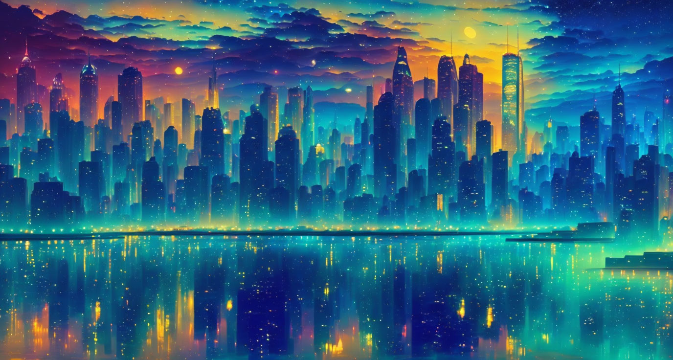 Futuristic cityscape digital artwork with skyscrapers under starry night sky