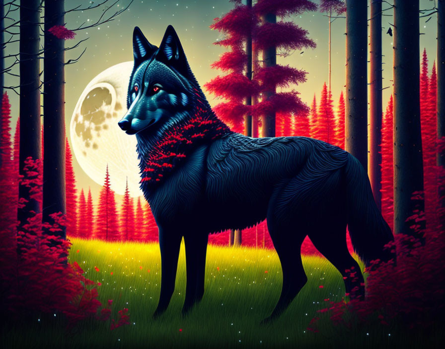 Black wolf with red markings in mystical forest under large moon