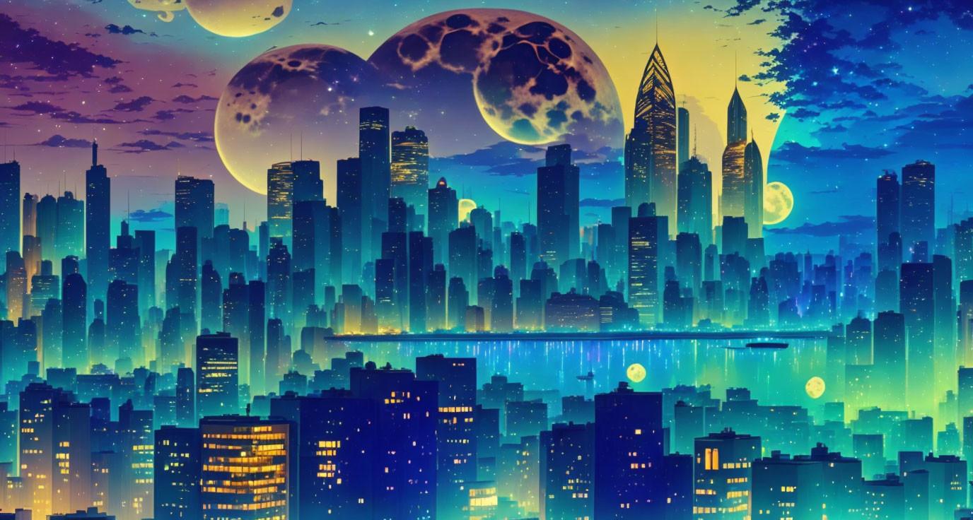 Futuristic cityscape at night with neon glow and multiple moons