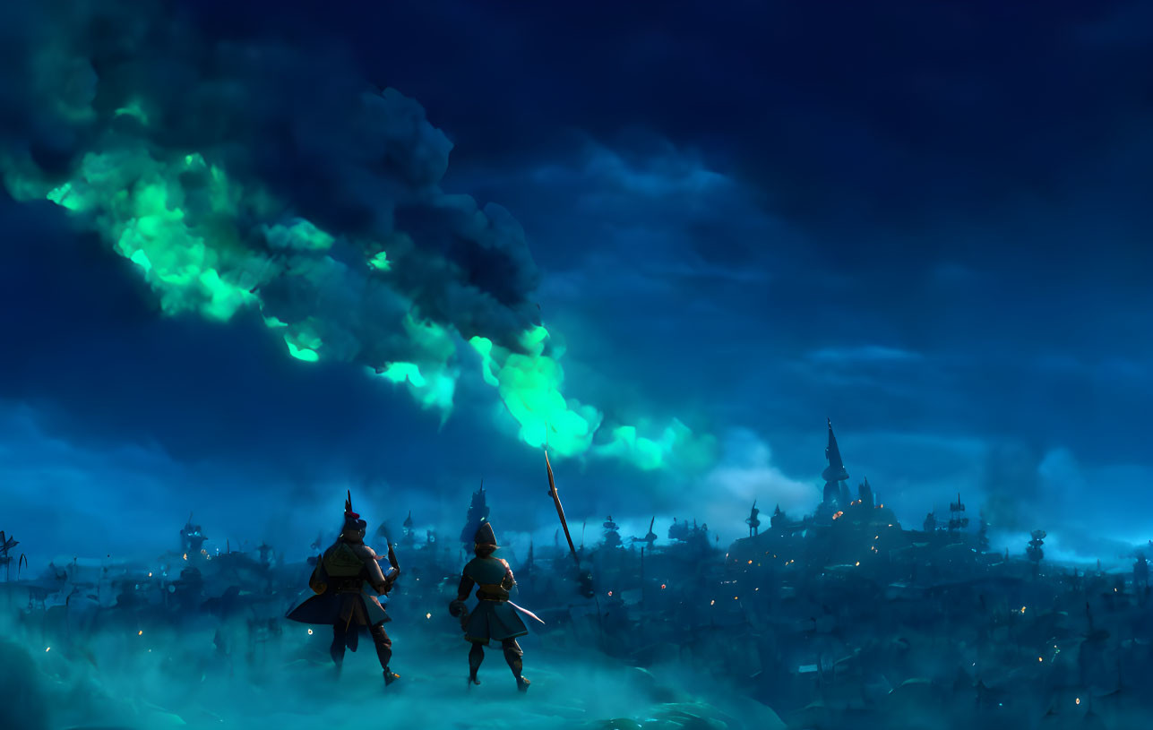 Samurai warriors view burning city with green flames at night