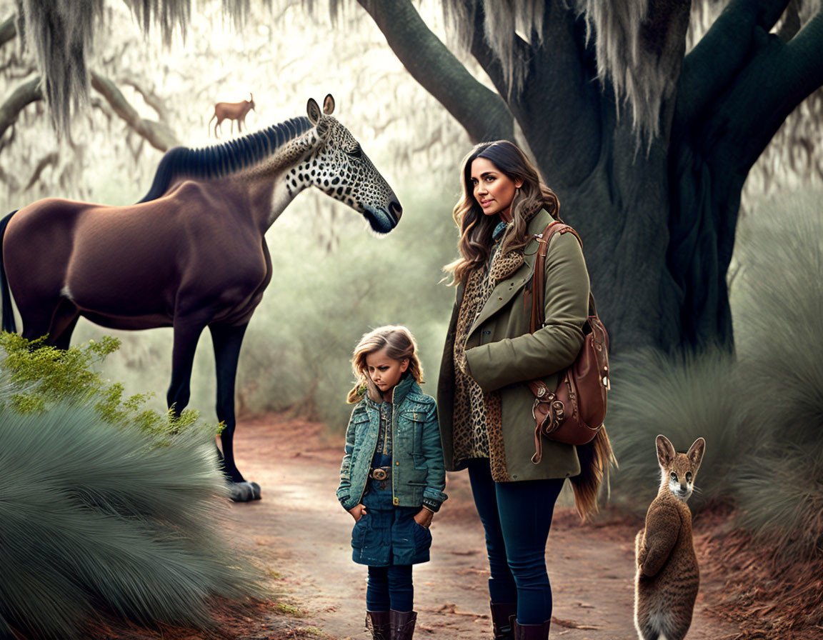 Woman and girl in misty forest with giraffe and kangaroo.