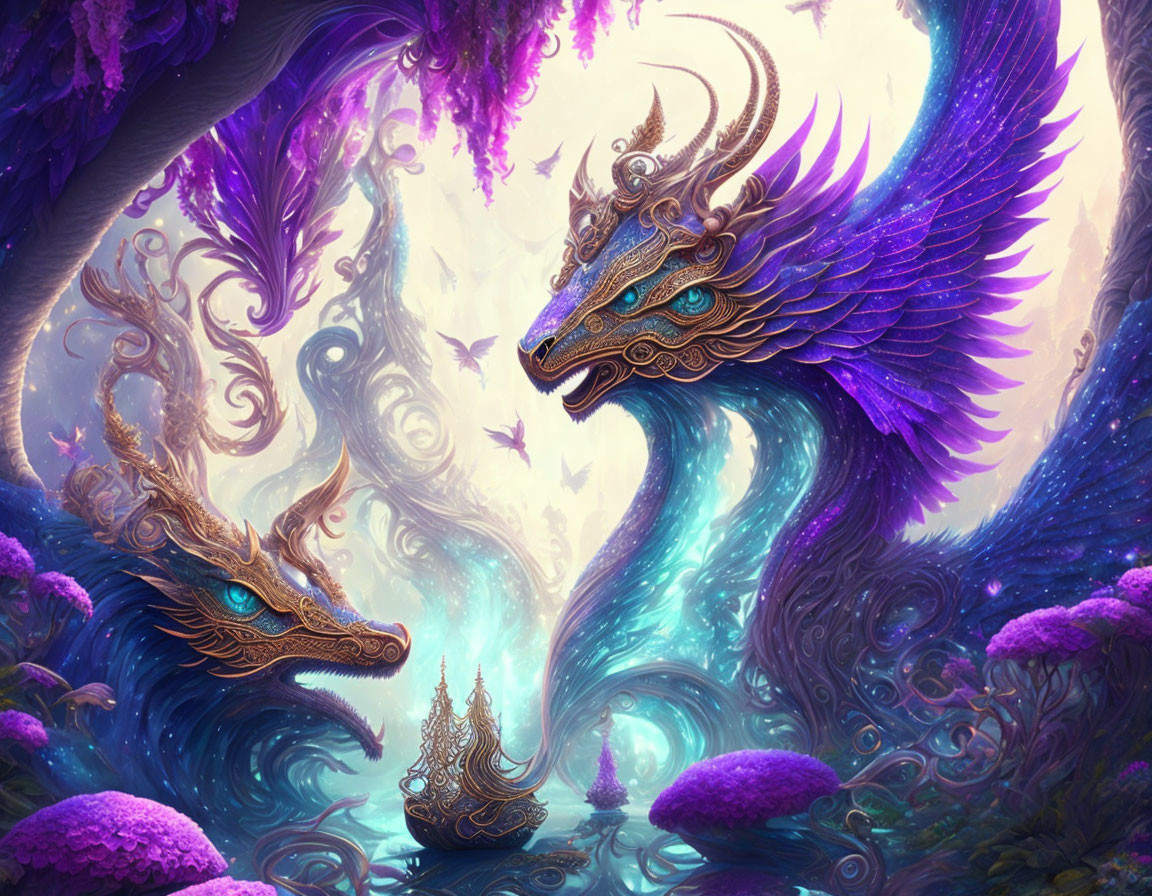 Mystical image of ornate dragons in vibrant purple forest