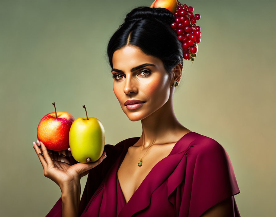 Dark-haired woman styled with fruit holds red and green apples in maroon top.