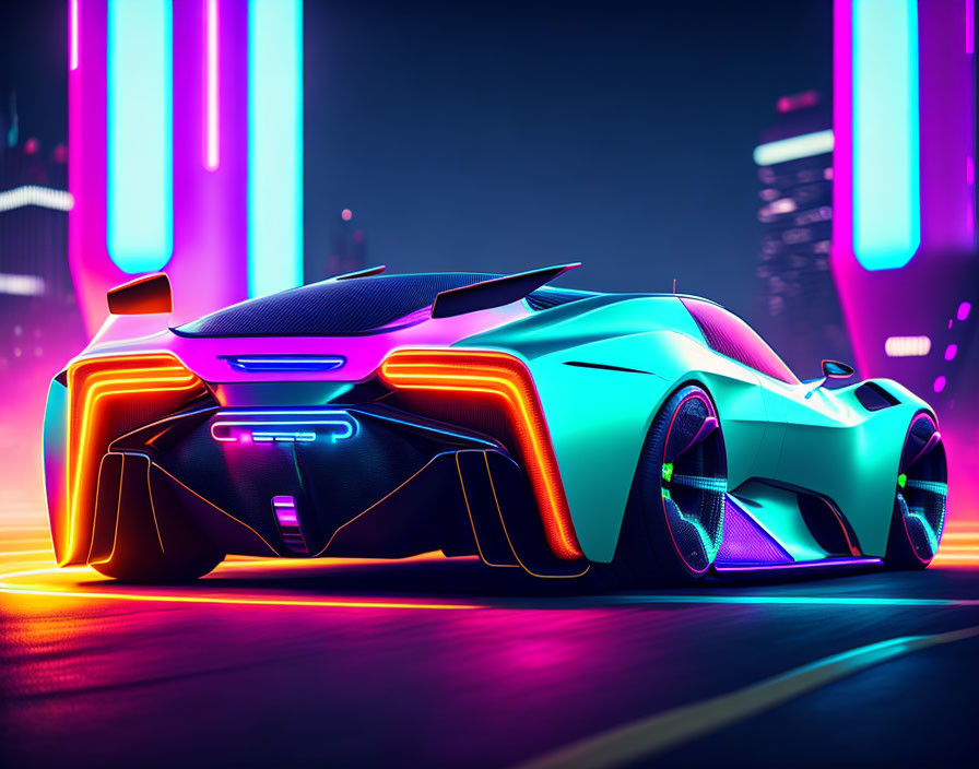 Futuristic sports car with neon accents in vibrant city scene