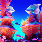 Colorful coral reefs and tropical fish in deep blue underwater scene