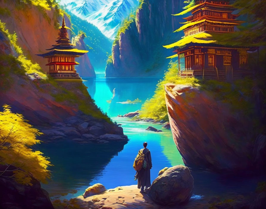 Traveler by serene lake with cliffs and traditional buildings under sunlit sky