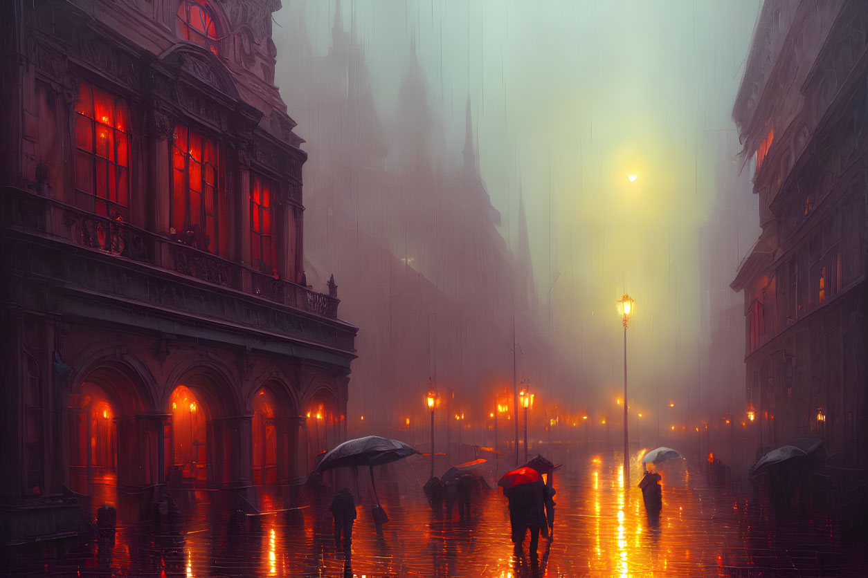 Misty Dusk Street Scene with Umbrella-Holding People