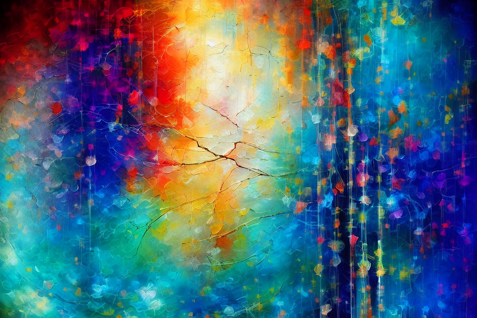 Colorful Abstract Painting with Cracking and Water Droplet Textures