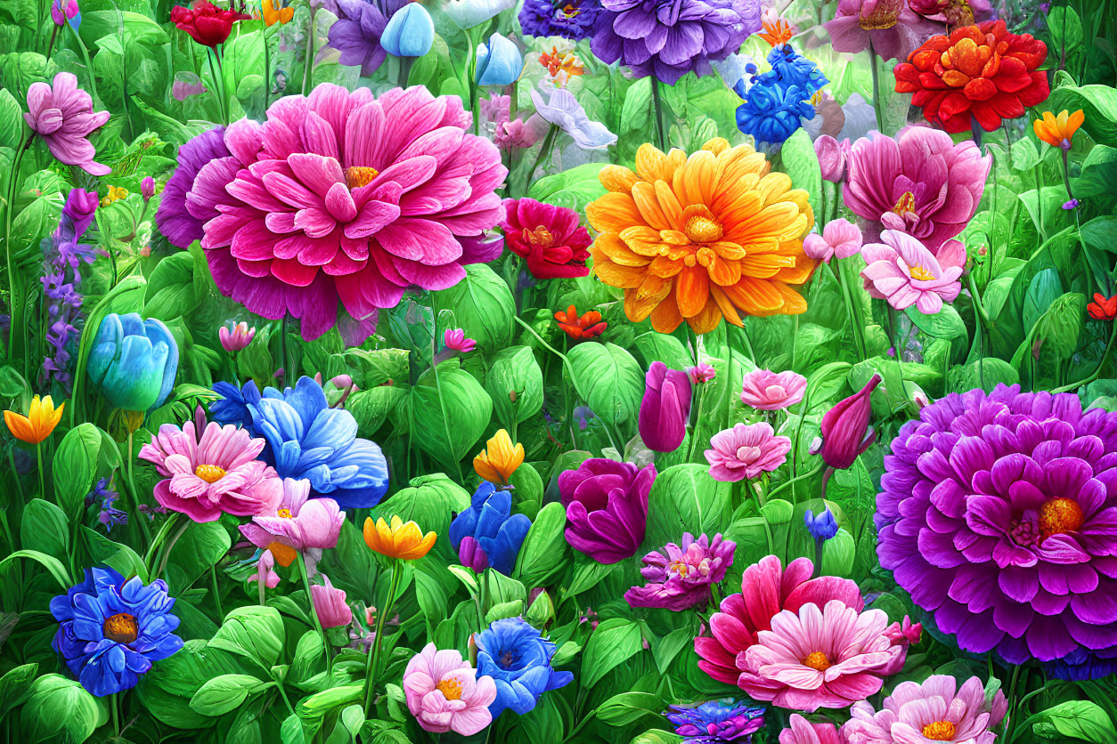 Colorful Garden Blooms: Pink, Orange, Purple Flowers & Lush Green Foliage
