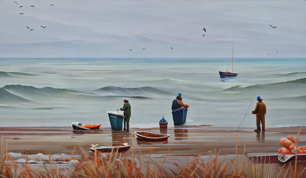 Anglers by shore with boats, rough sea waves, birds, cloudy sky