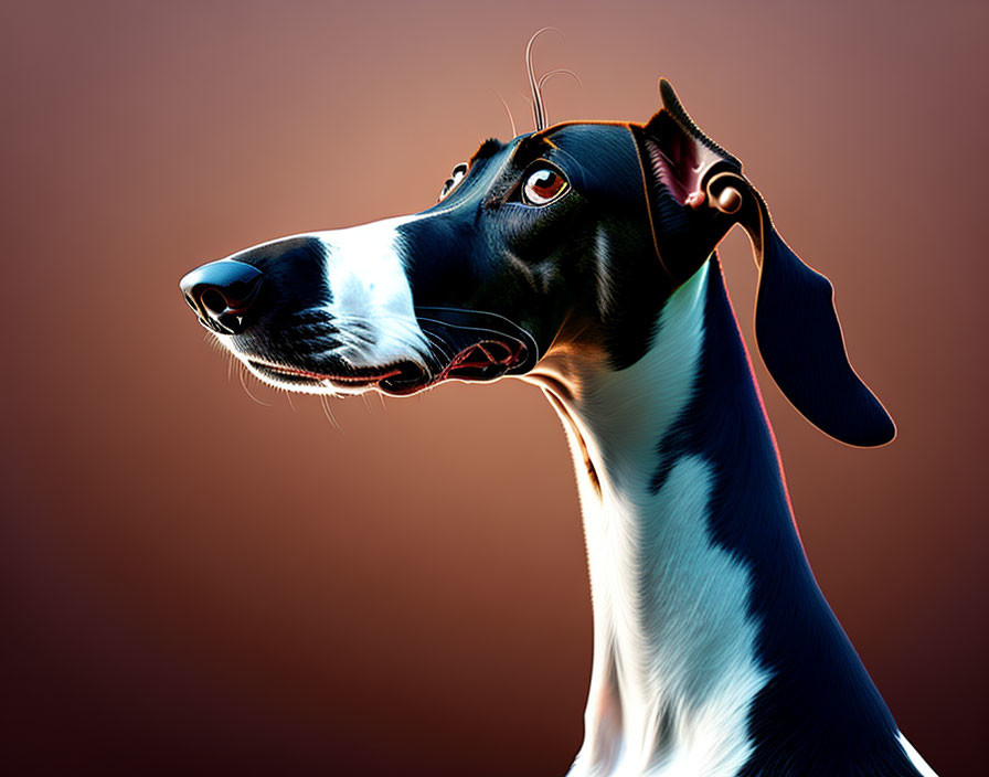 Monochrome digital art portrait of a slender dog with long ears on warm gradient backdrop