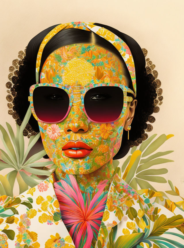 Illustrated woman with floral skin, large sunglasses, and headband in tropical foliage