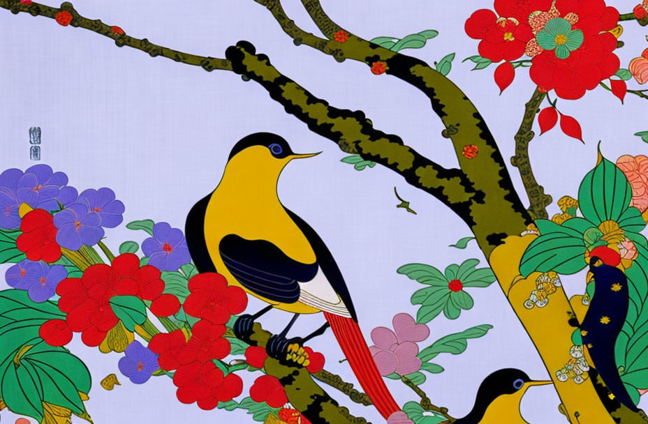 Colorful illustration of yellow birds on branches with red and pink flowers on pale backdrop