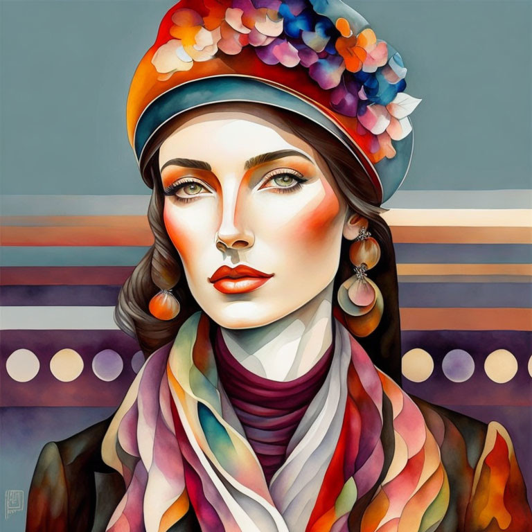 Colorful portrait of woman in floral hat, vibrant makeup, scarf & coat on striped backdrop