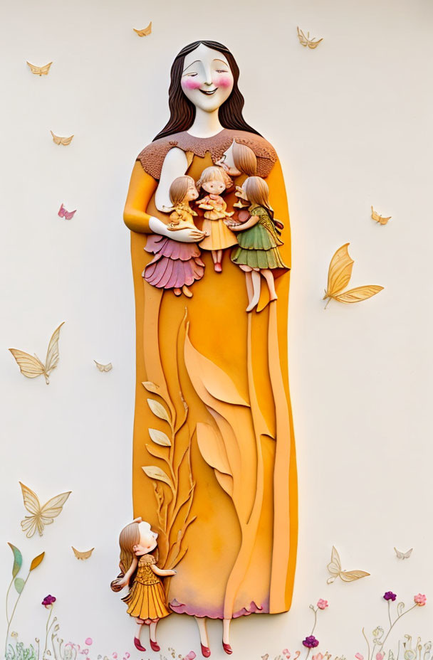 Whimsical tall female figure sculpture with butterflies on pale background