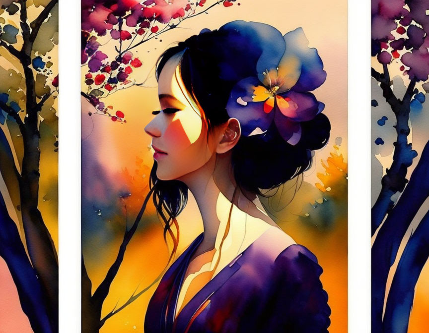 Vibrant side profile illustration of a woman with flowers in hair and sunset backdrop