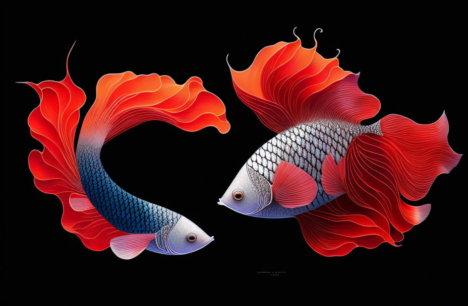 Vibrantly colored stylized fish in Yin-Yang composition