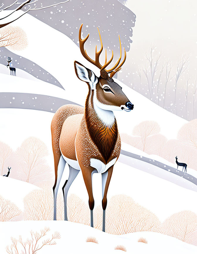 Majestic deer with antlers in snowy landscape