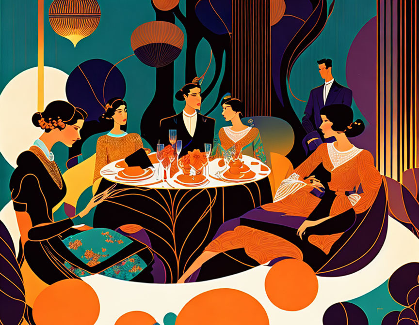 Vibrant art deco-style dinner party illustration