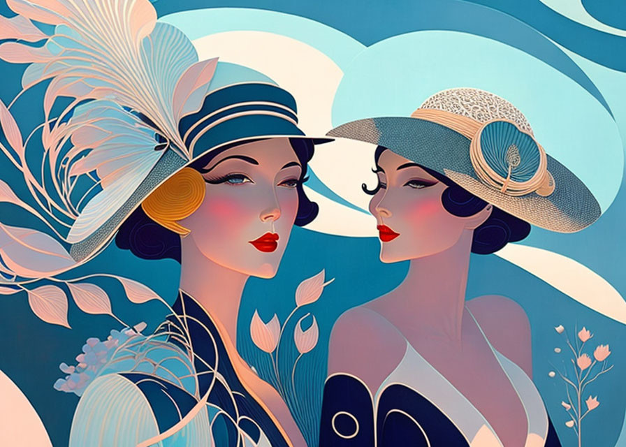 Stylized illustration of two women in elegant hats with floral decor on blue background