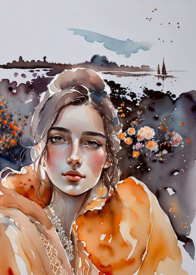 Watercolor portrait of woman with serene expression and floral motif on abstract background.