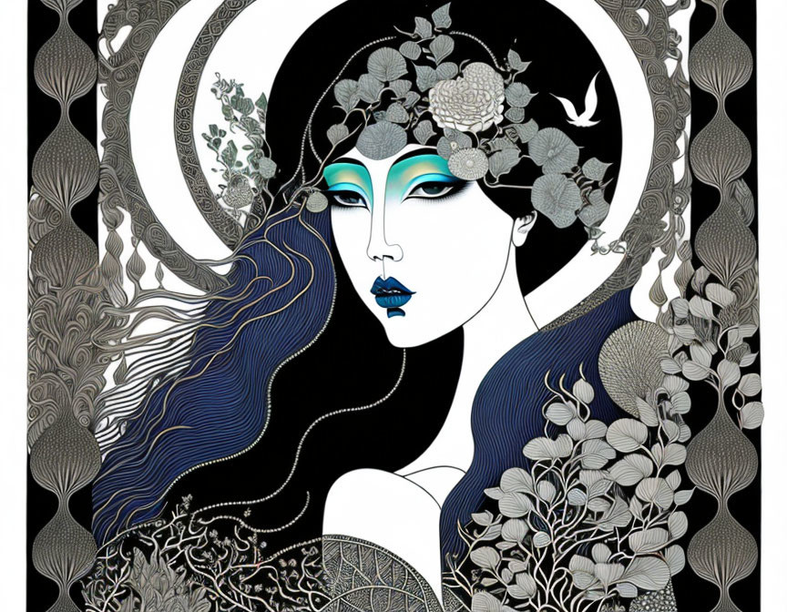 Art Nouveau Woman Illustration with Floral Motifs in Monochrome