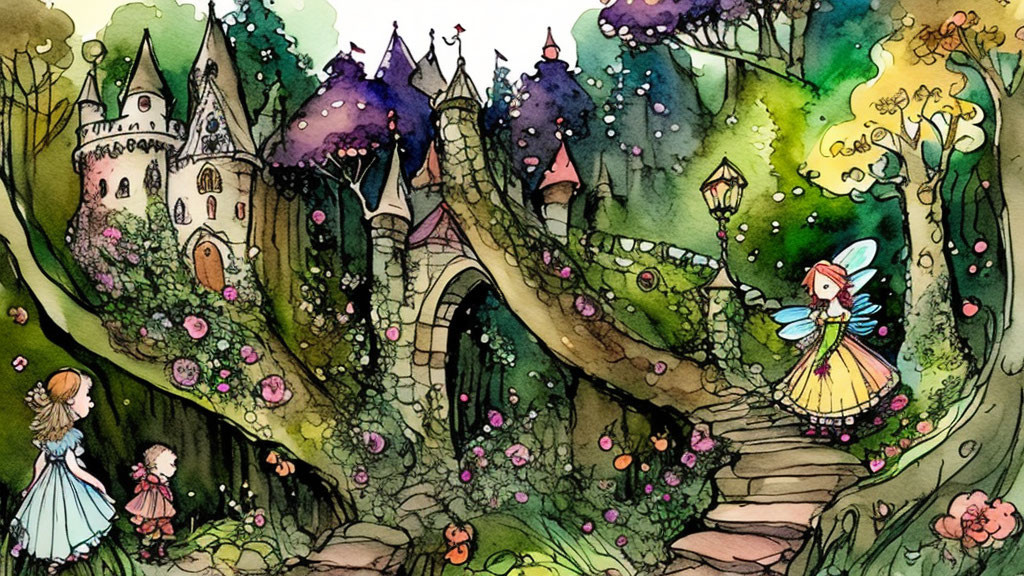 Enchanting fairy-tale watercolor illustration of castle, bridge, fairy, children, and vibrant